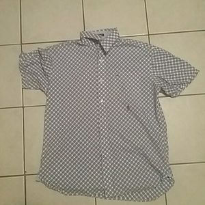 Blue/white plaid shirt //|missing 3 buttons